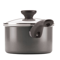 The 12-Piece Nonstick Cookware Set features a gray cooking pot with a black handle and glass lid, embodying high-performance kitchenware when viewed from the side.