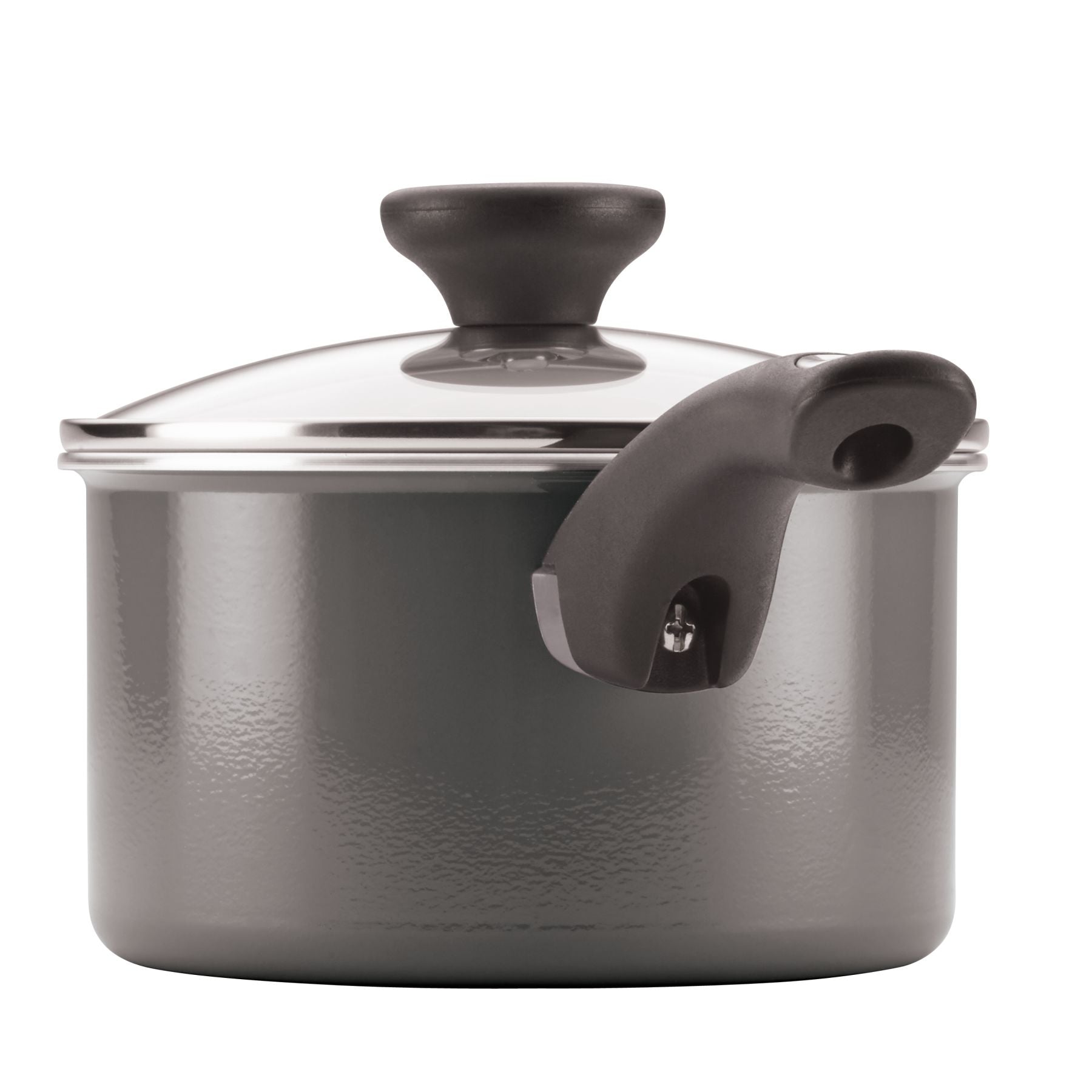 The 12-Piece Nonstick Cookware Set features a gray cooking pot with a black handle and glass lid, embodying high-performance kitchenware when viewed from the side.