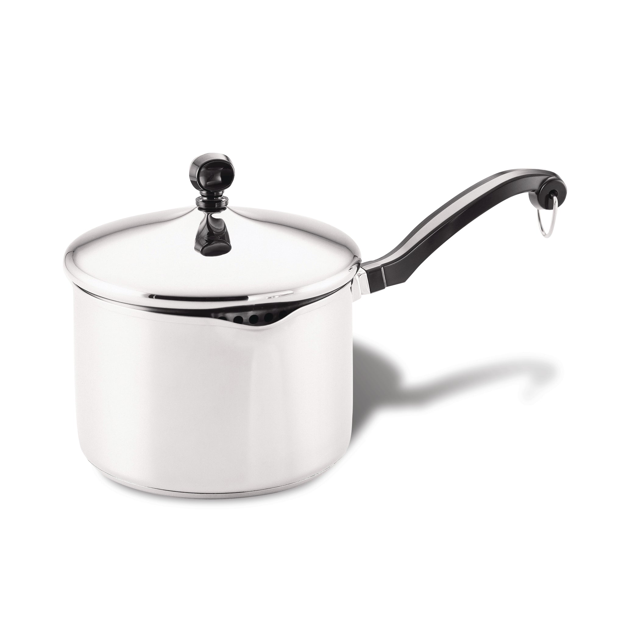Classic Series Stainless Steel Saucepan with Straining Lid, featuring a black handle, ideal for steaming vegetables.