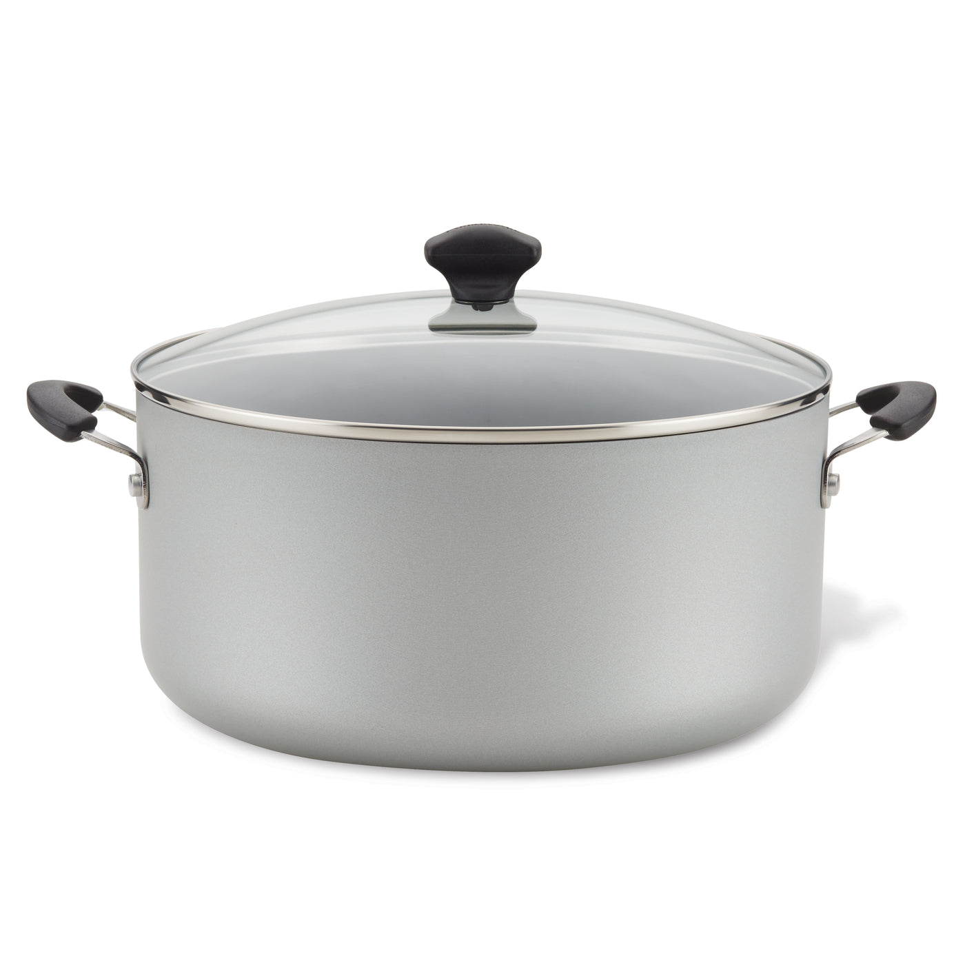 Introducing the 10.5-Quart Nonstick Stockpot: a spacious gray pot featuring a glass lid and sleek black handles, ideal for cooking family-sized meals.