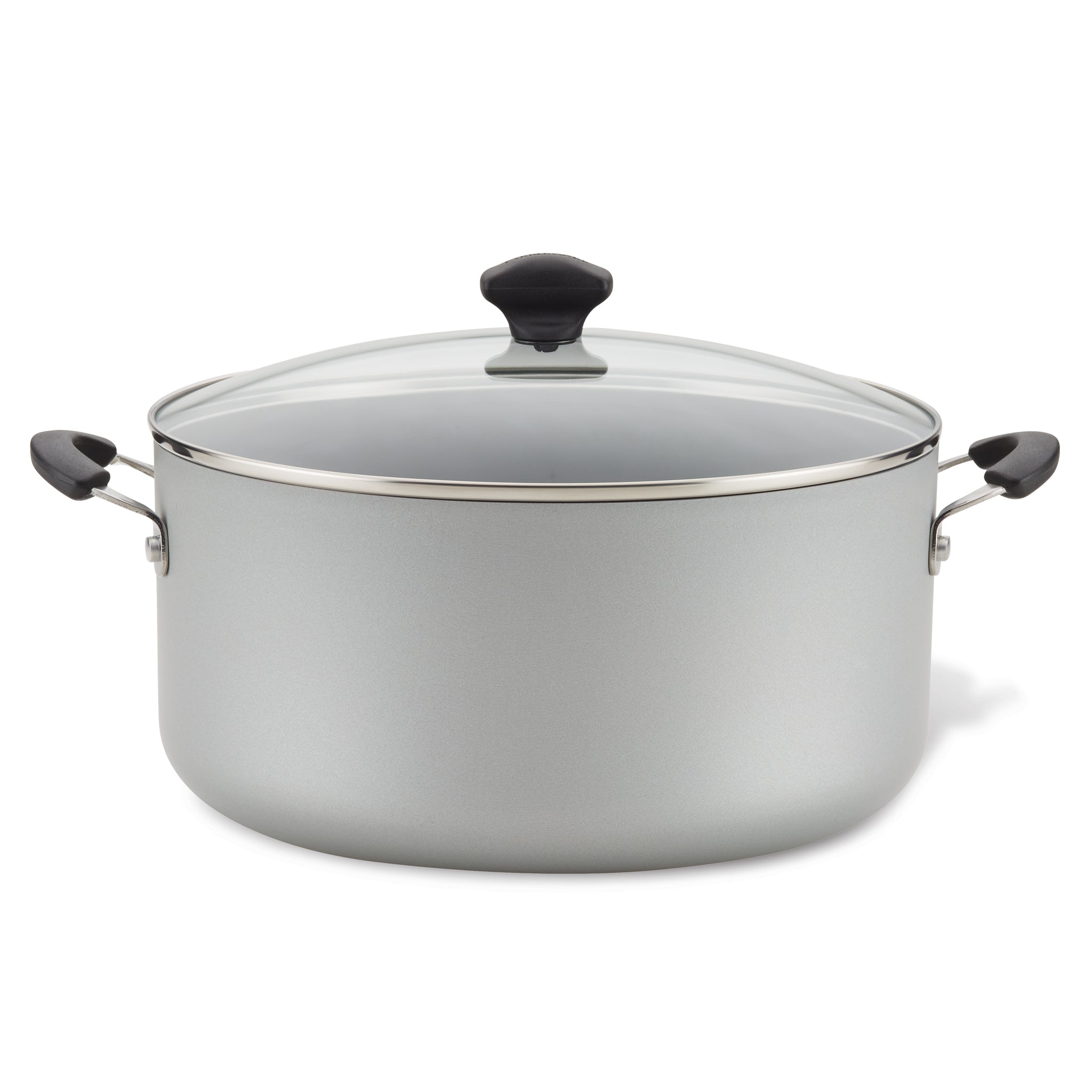Introducing the 10.5-Quart Nonstick Stockpot: a spacious gray pot featuring a glass lid and sleek black handles, ideal for cooking family-sized meals.