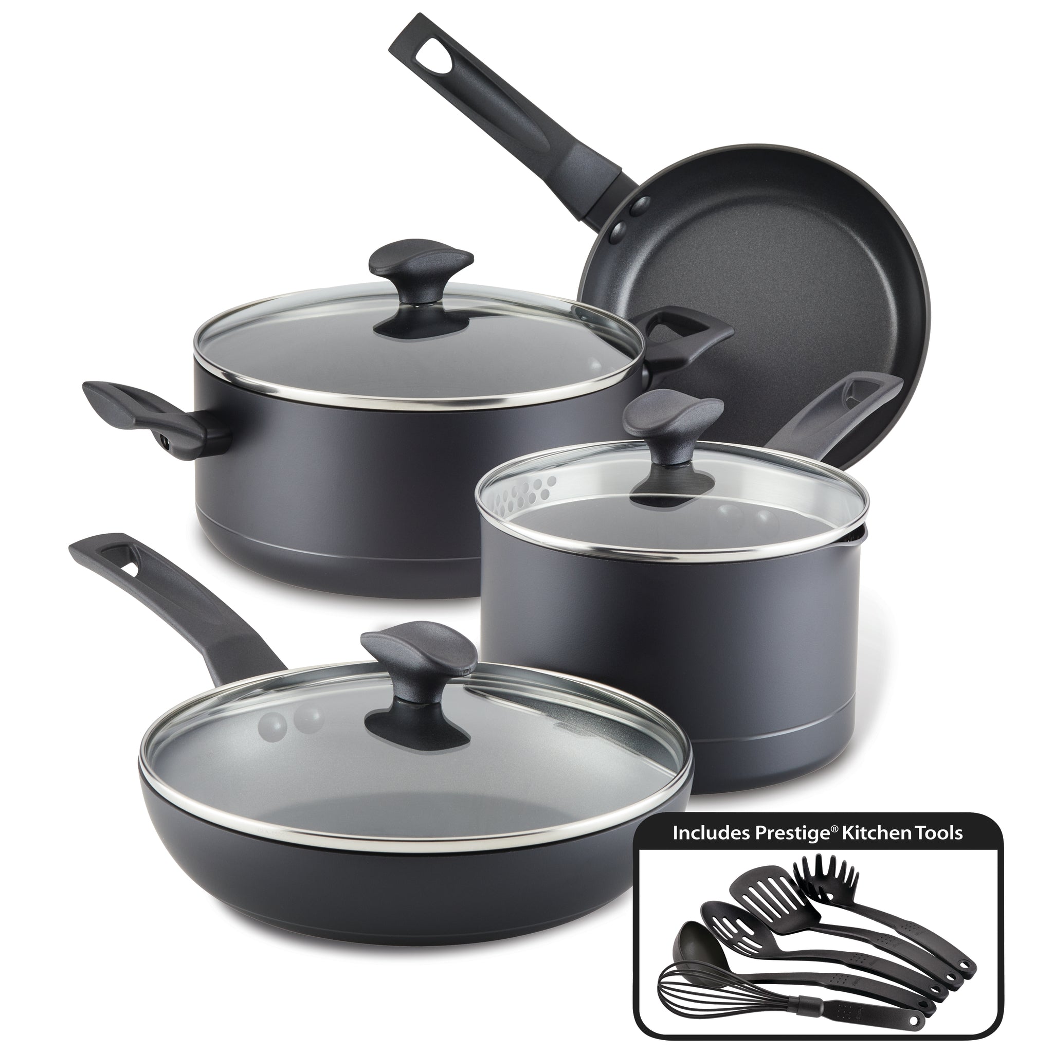 Discover the ultra-durable Power Base 12-Piece Cookware Set, featuring black nonstick pots, pans, and kitchen tools designed to elevate your culinary experience.