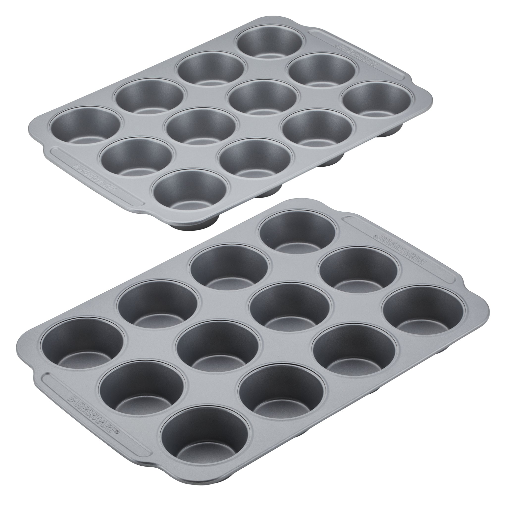 Two pieces from the Nonstick Double Batch Muffin Set, each with twelve cups in gray.