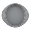 The 9-Inch Round Cake Pan in gray by Farberware features a nonstick surface and side grips, providing easy cleanup and long-lasting durability.