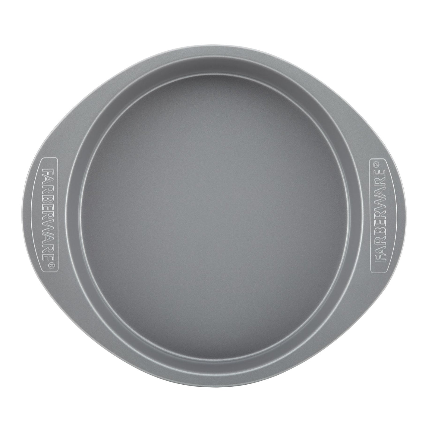 The 9-Inch Round Cake Pan in gray by Farberware features a nonstick surface and side grips, providing easy cleanup and long-lasting durability.
