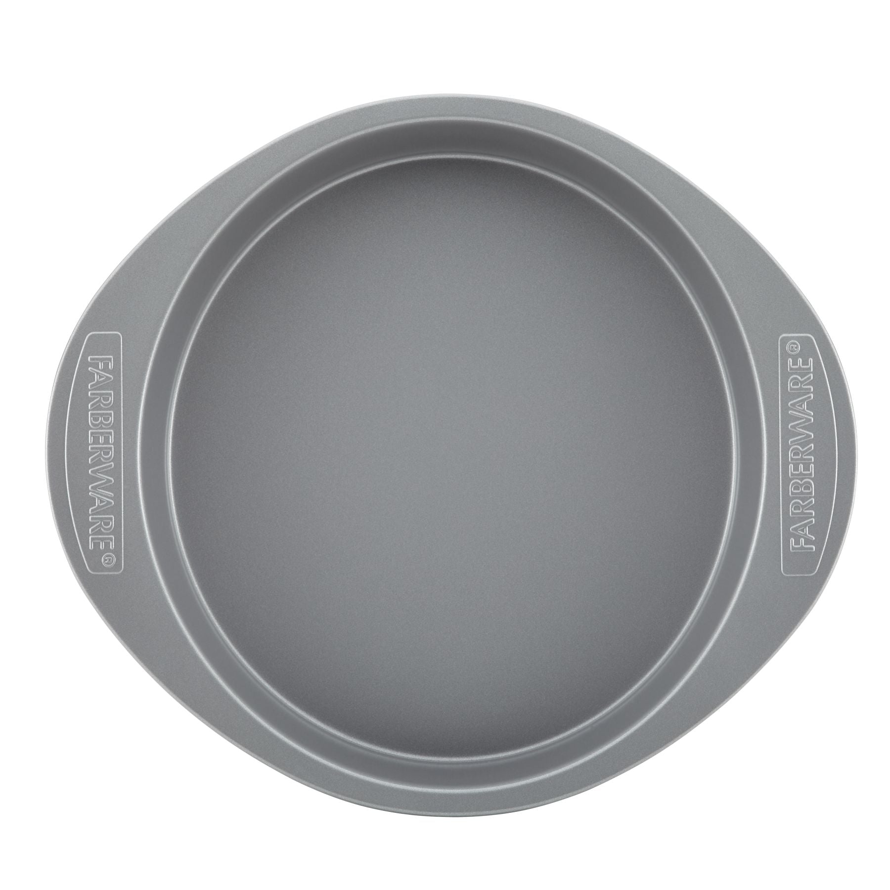 The 9-Inch Round Cake Pan in gray by Farberware features a nonstick surface and side grips, providing easy cleanup and long-lasting durability.
