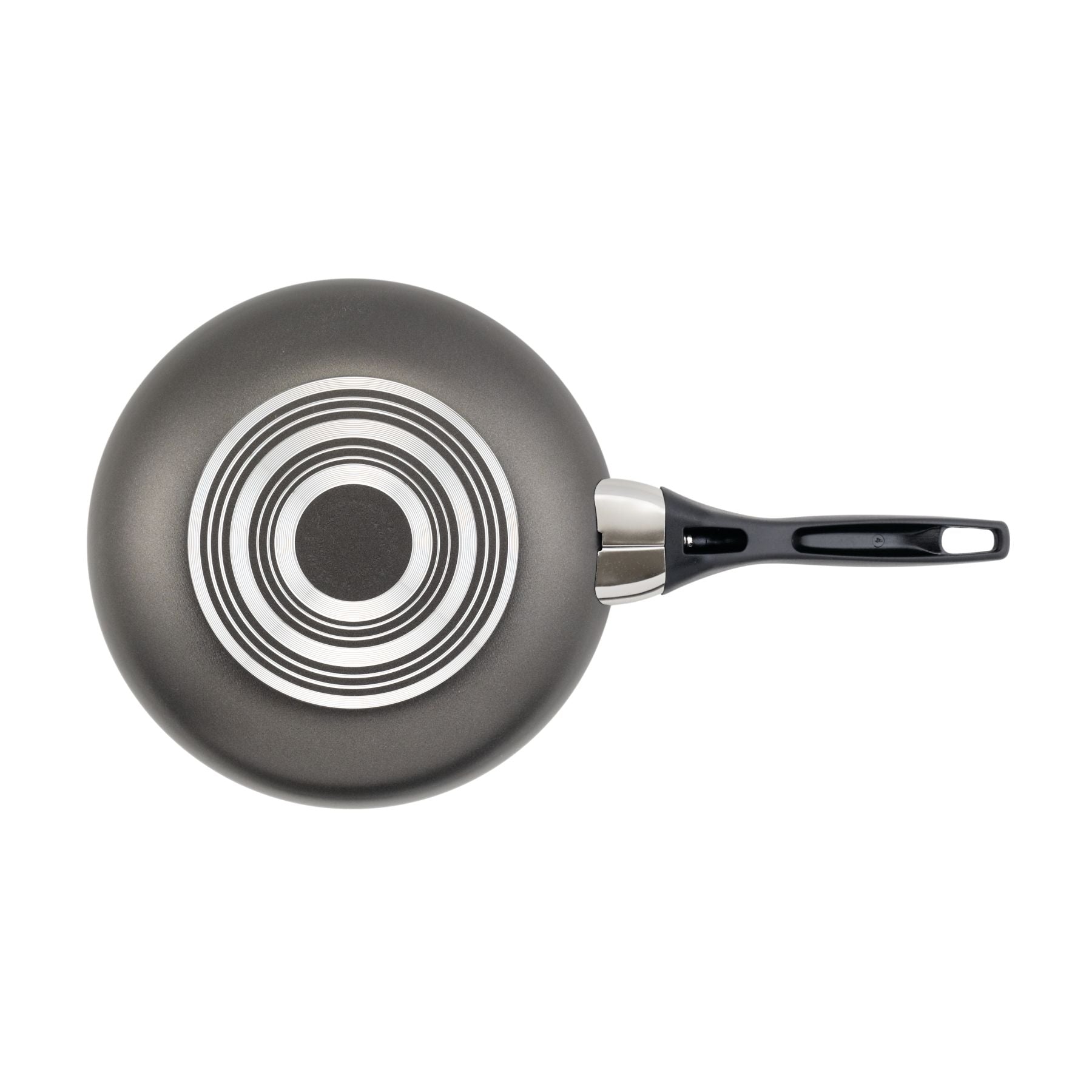 Part of our premium 15-Piece Nonstick Cookware Set, this aluminum frying pan with a black handle is showcased from an overhead view.