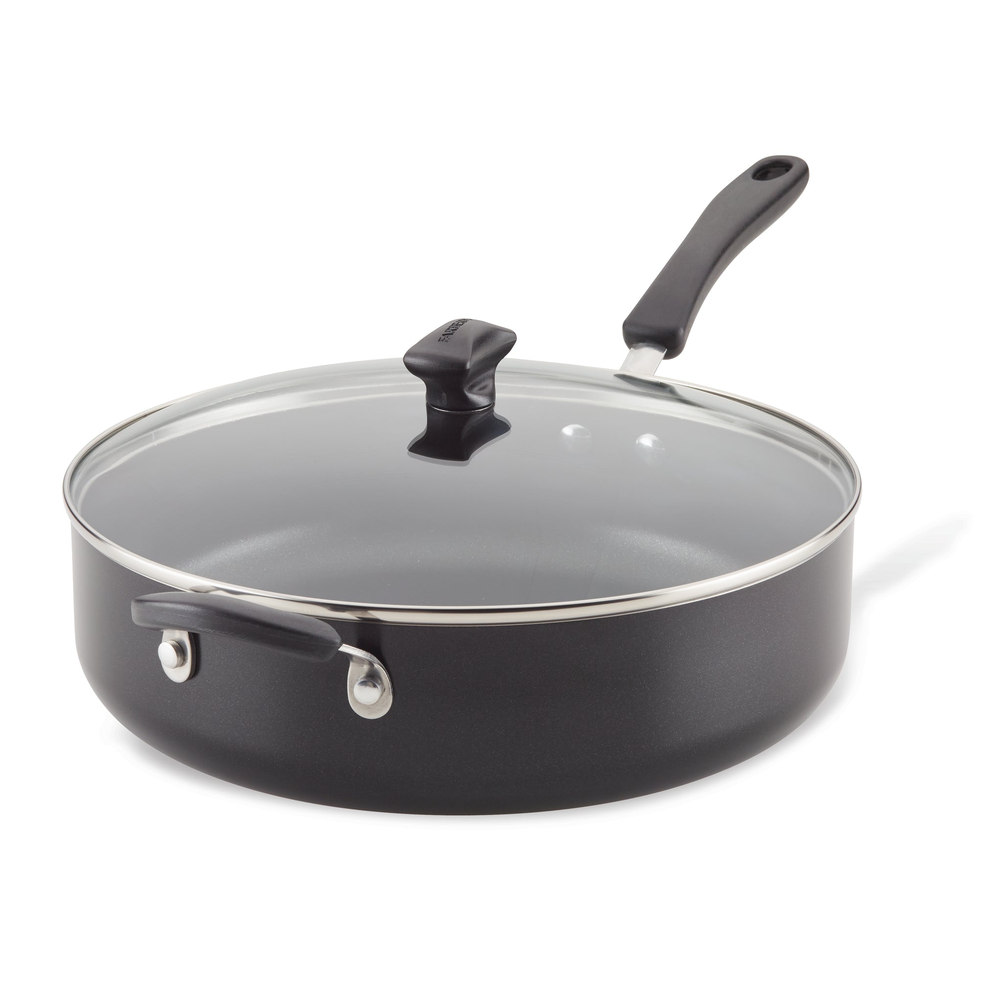 The 6-Quart Nonstick Jumbo Cooker features a long handle and comes with a lid, making it ideal for preparing family meals. Set against a white background, this versatile pan ensures effortless cooking and easy cleanup.