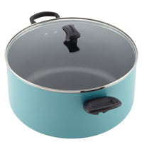 The 10.5-Quart Nonstick Stockpot features a teal design with a glass lid and black handles, making it ideal for preparing family-sized meals. Additionally, its nonstick surface guarantees effortless cleanup.