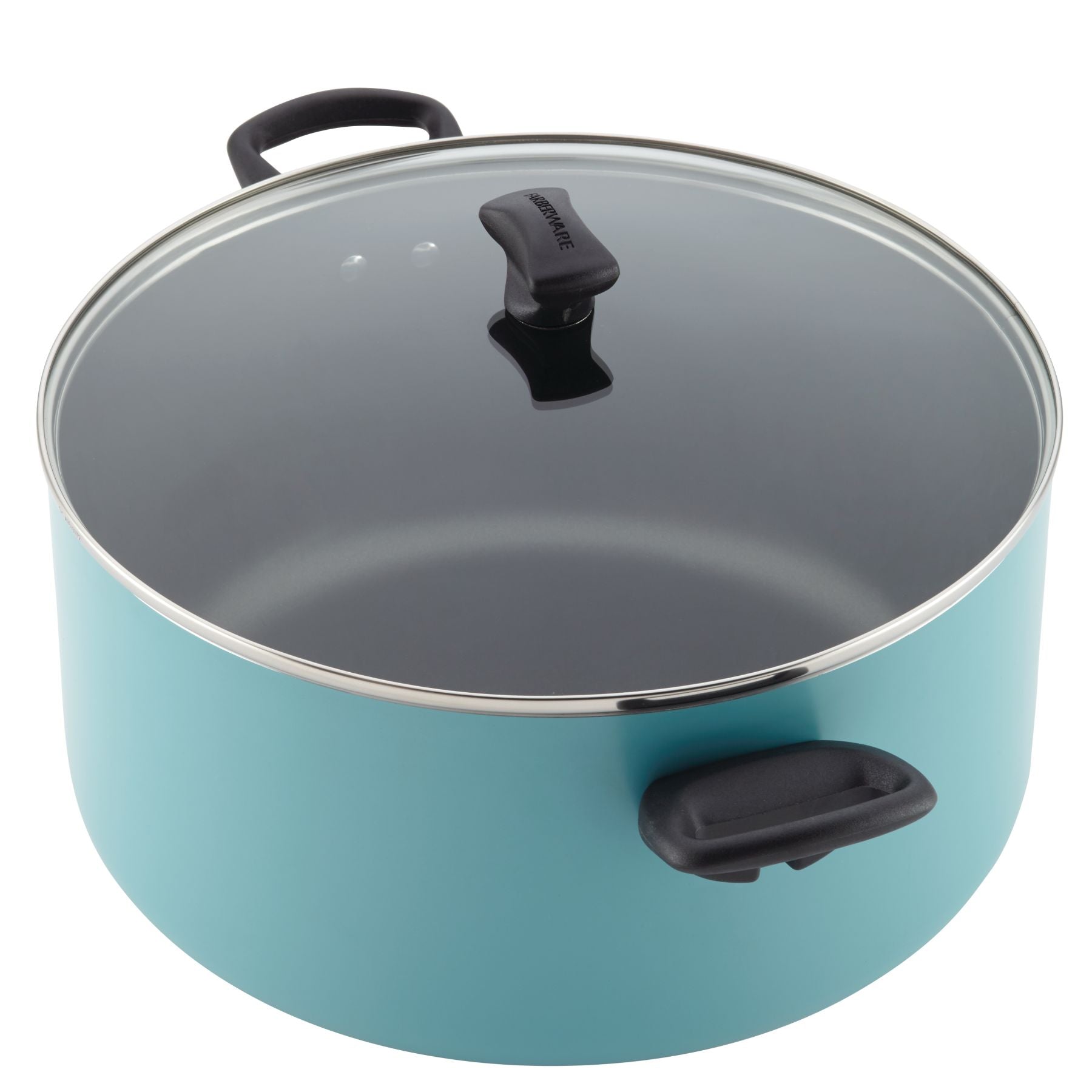 The 10.5-Quart Nonstick Stockpot features a teal design with a glass lid and black handles, making it ideal for preparing family-sized meals. Additionally, its nonstick surface guarantees effortless cleanup.