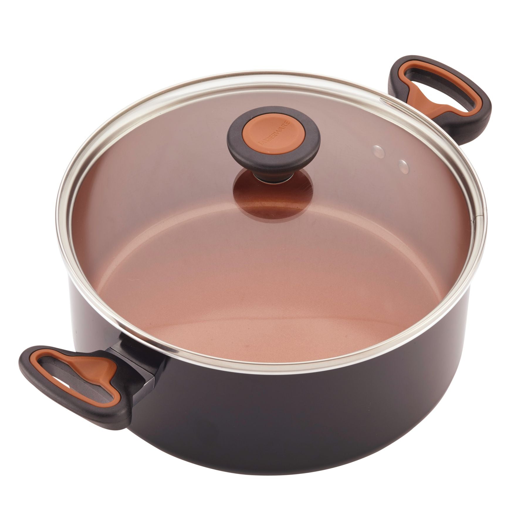 A black pot with a glass lid from the 12-Piece Copper Ceramic Nonstick Cookware Set, featuring orange-accented handles and CopperSlide technology for effortless food release.