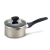 A Nonstick Saucepan with Straining Lid, in silver, featuring a black handle and lid, is designed for durable, long-lasting use.
