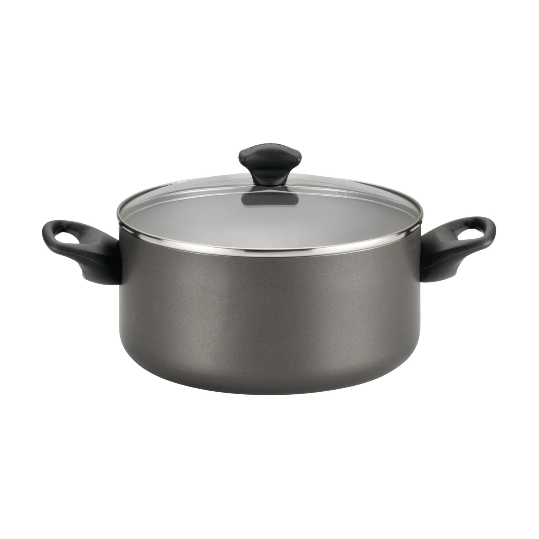 This large black cooking pot, a piece from our 15-Piece Nonstick Cookware Set, comes with a glass lid and two sturdy black handles. Made from durable aluminum, it guarantees even heat distribution, and its nonstick surface simplifies cooking and cleaning.