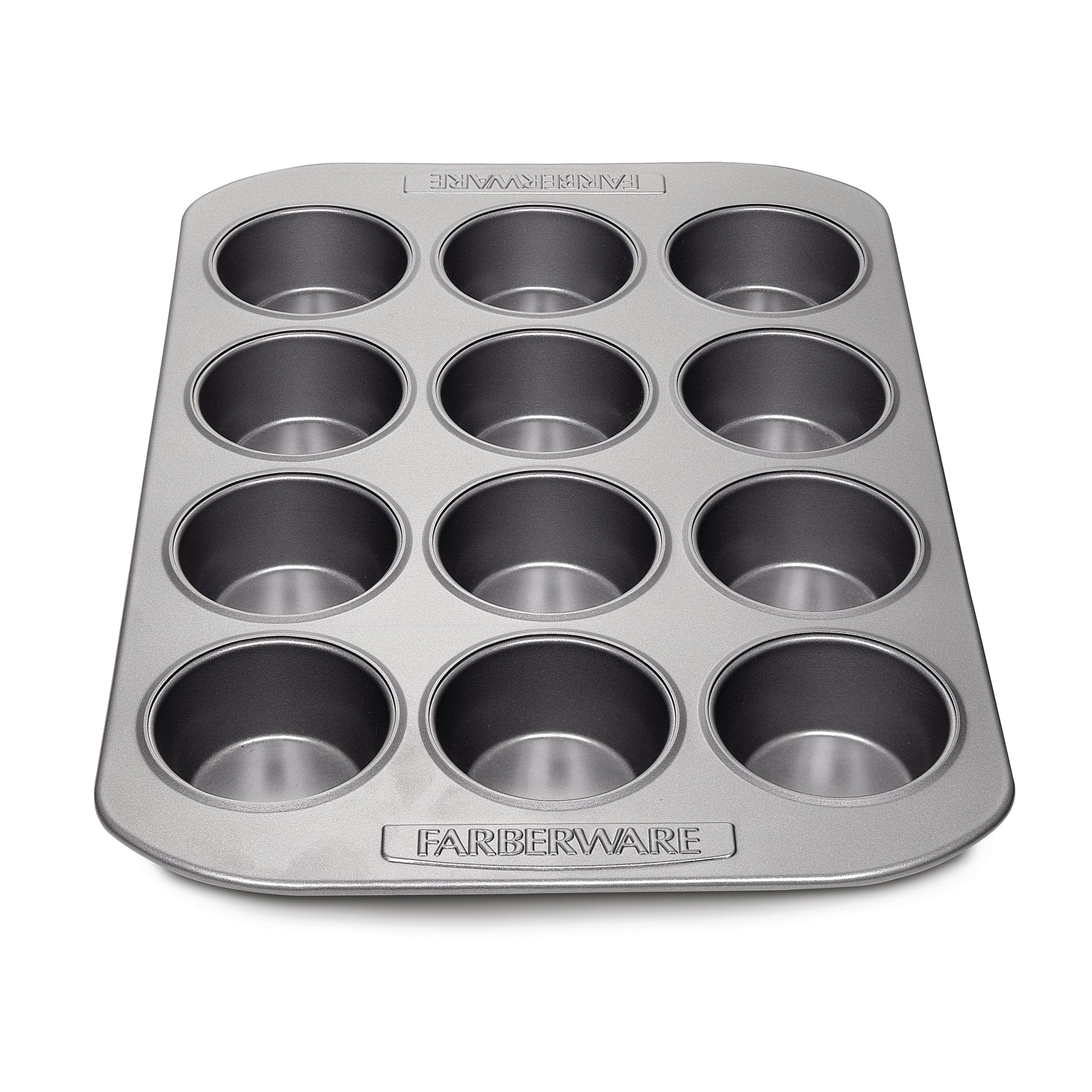 A Muffin Pan with a 12-cup capacity rests on a white background, ideal for crafting delicious chocolate chip cupcakes or blueberry muffins.