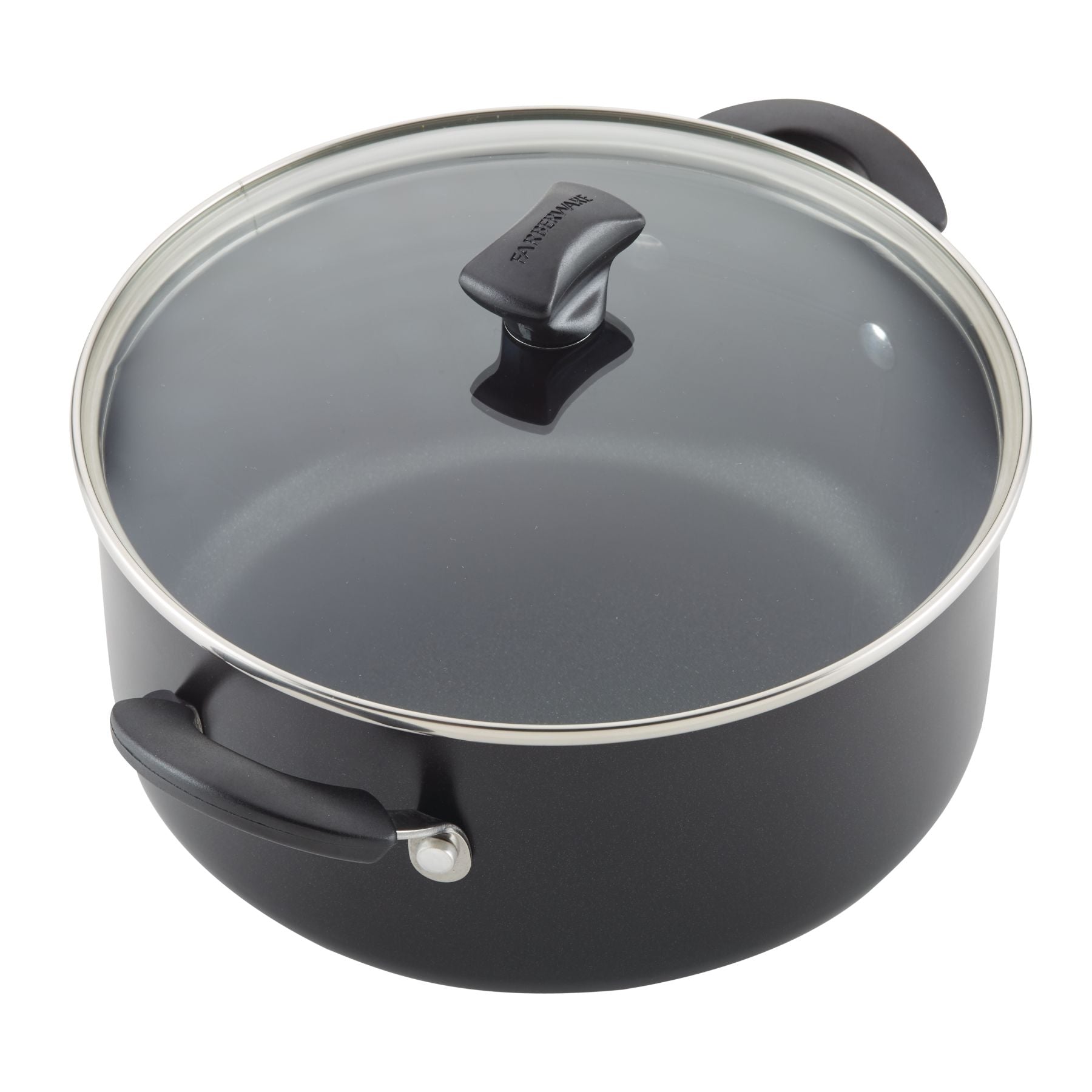 Black pot from the 15-Piece Nonstick Cookware Set, constructed with heavy gauge aluminum, includes a glass lid and two robust handles for effortless handling.