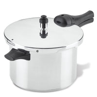 The 6-Quart Stovetop Pressure Cooker, made from durable aluminum, features sleek black handles and a convenient pressure indicator on the lid, making it ideal for efficient stovetop cooking.