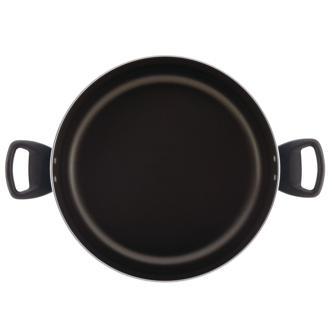 Dishwasher safe, black nonstick 10.5-quart stockpot with two black handles, viewed from above. Perfect for preparing family-sized portions effortlessly.