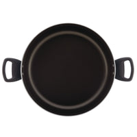 Dishwasher safe, black nonstick 10.5-quart stockpot with two black handles, viewed from above. Perfect for preparing family-sized portions effortlessly.