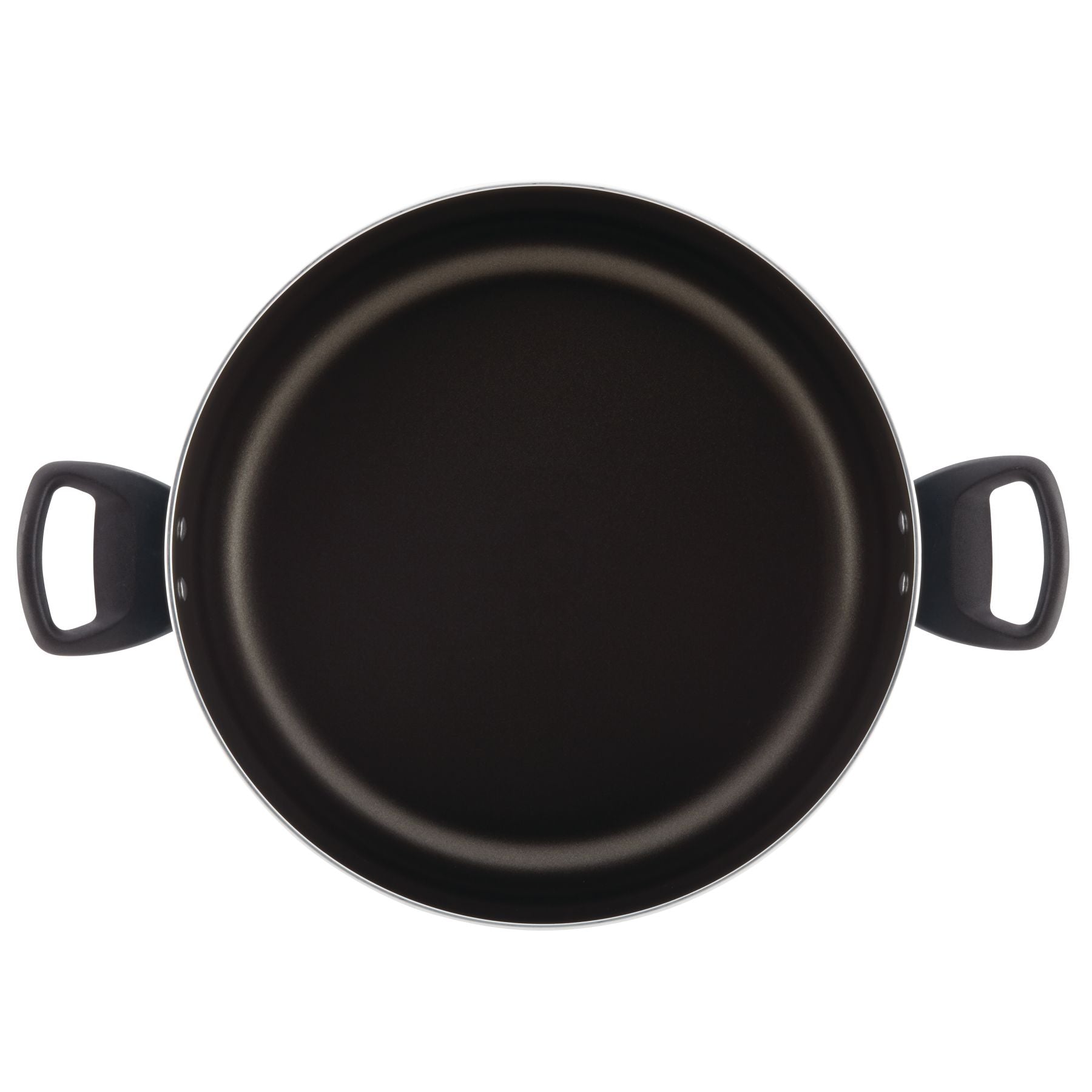Dishwasher safe, black nonstick 10.5-quart stockpot with two black handles, viewed from above. Perfect for preparing family-sized portions effortlessly.