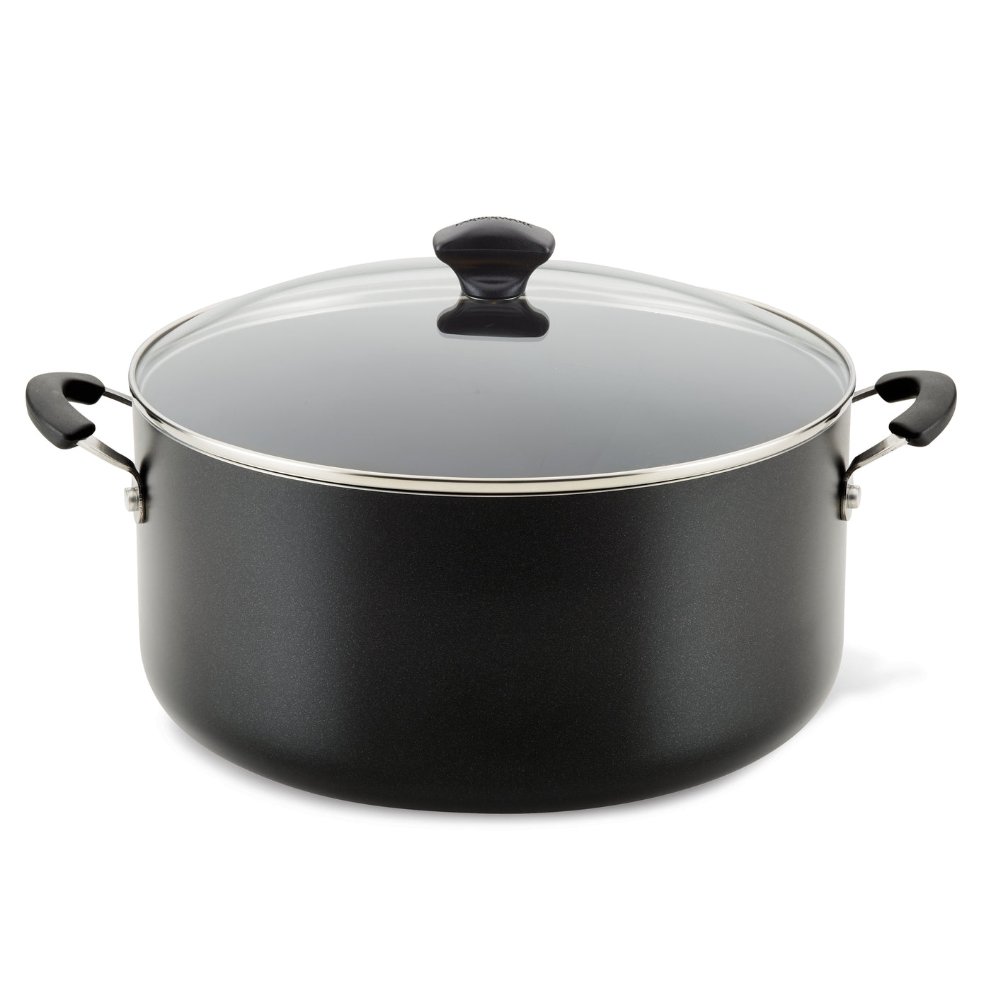 Introducing the 10.5-Quart Nonstick Stockpot, a black stockpot featuring a glass lid and two sturdy handles, making it ideal for preparing family-sized meals. Plus, it's dishwasher safe for effortless cleanup.