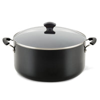 Introducing the 10.5-Quart Nonstick Stockpot, a black stockpot featuring a glass lid and two sturdy handles, making it ideal for preparing family-sized meals. Plus, it's dishwasher safe for effortless cleanup.