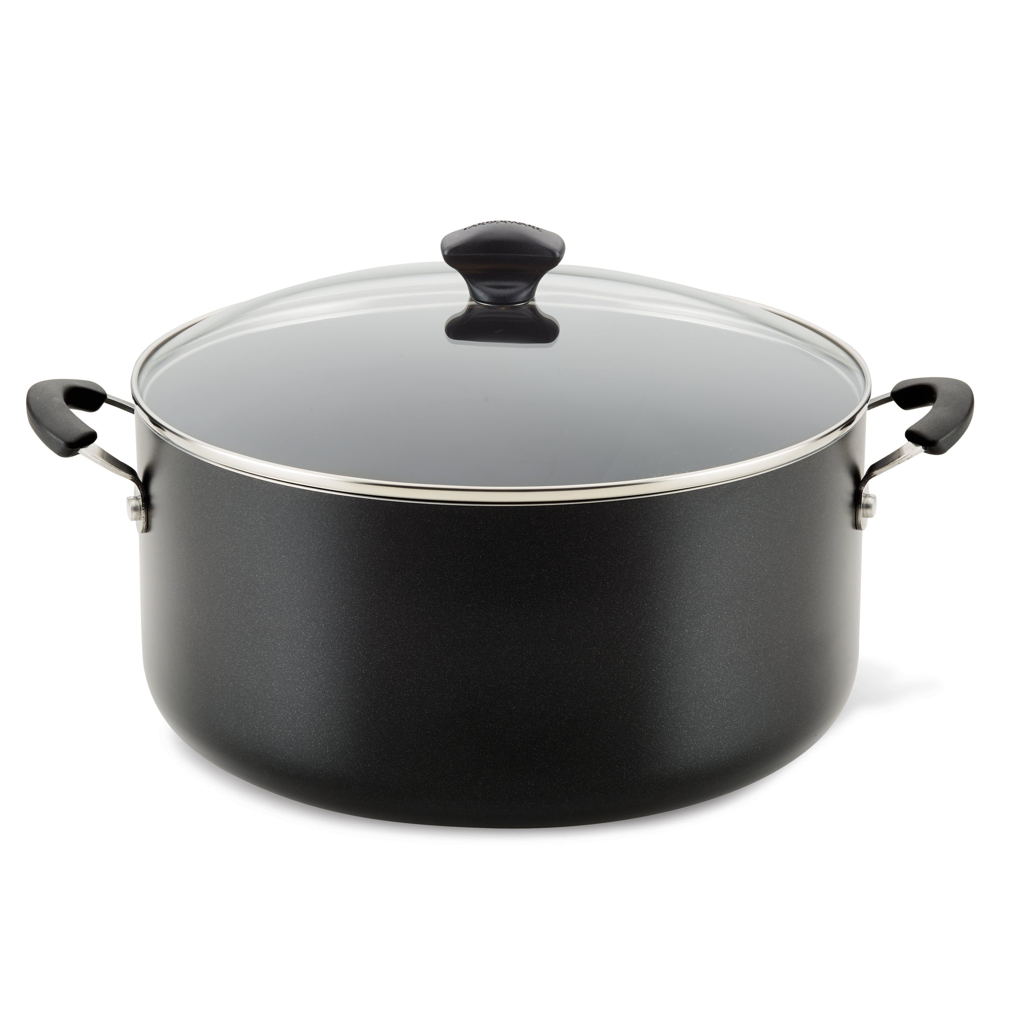 Introducing the 10.5-Quart Nonstick Stockpot, a black stockpot featuring a glass lid and two sturdy handles, making it ideal for preparing family-sized meals. Plus, it's dishwasher safe for effortless cleanup.