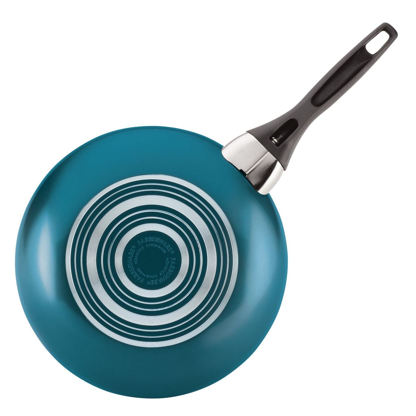 The 15-Piece Nonstick Cookware Set includes a teal aluminum frying pan with a black handle and circular design on the bottom, delivering excellent nonstick performance.