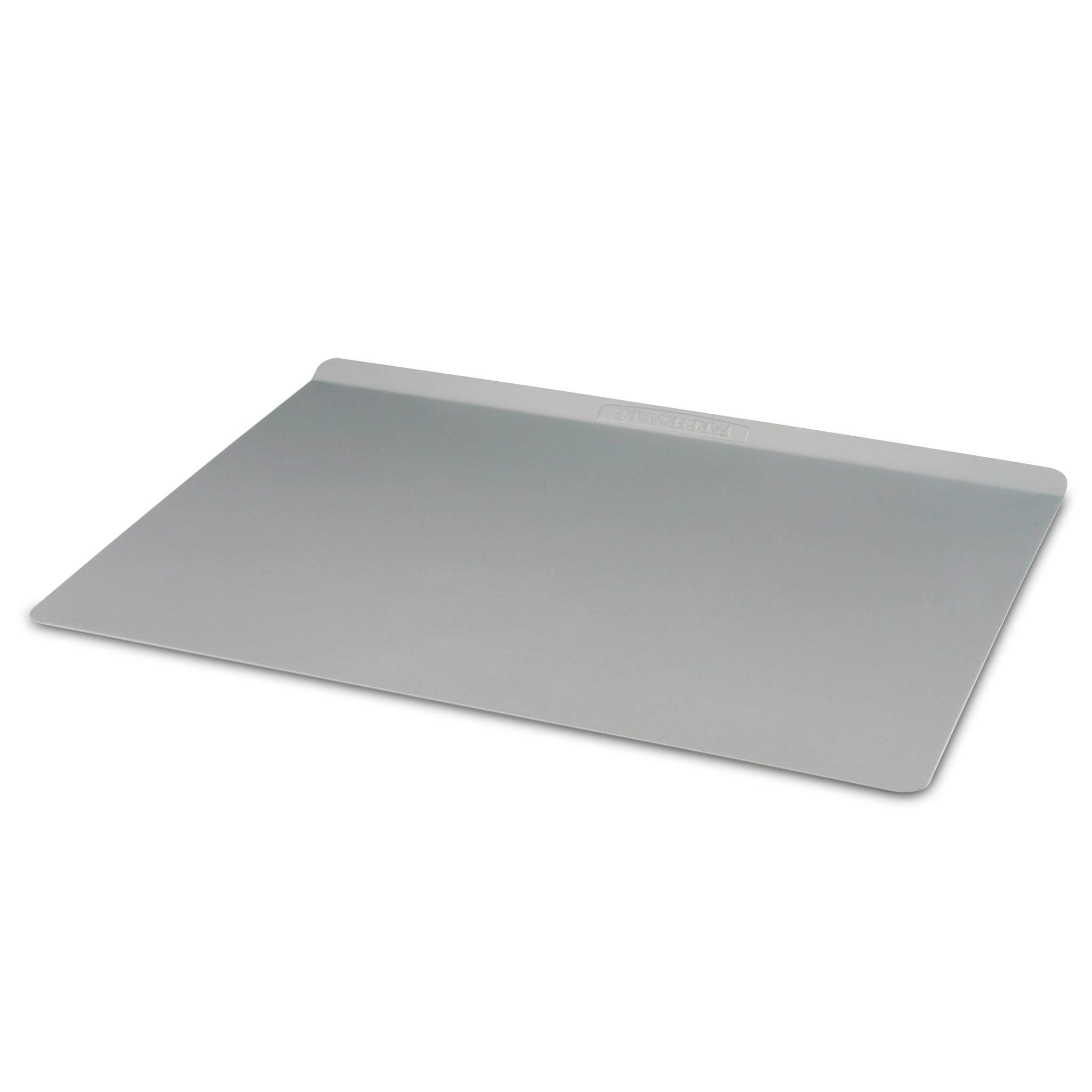 Introducing the Nonstick Jumbo Cookie Sheet: a robust silver metal baking sheet featuring nonstick properties and raised edges on one side.