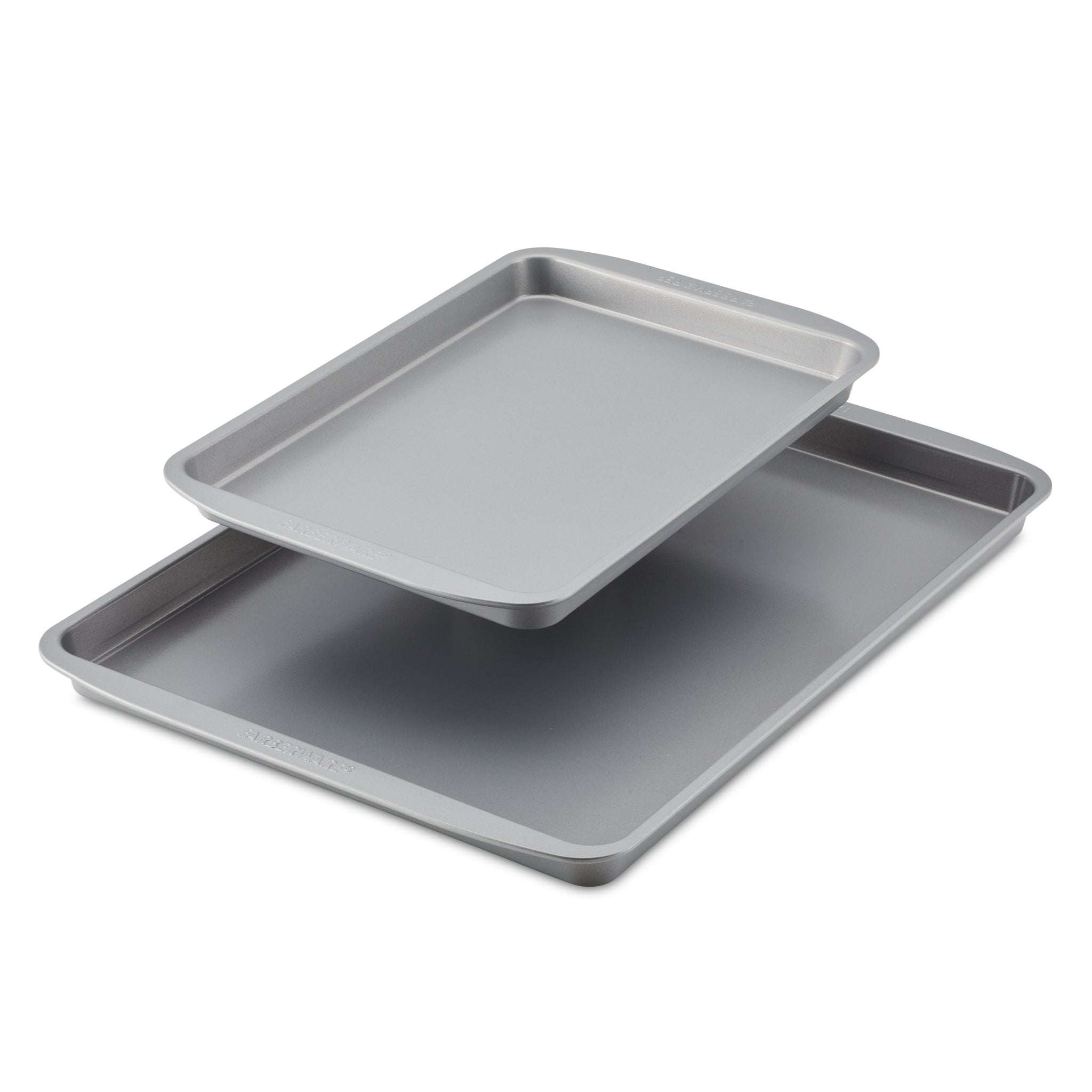 A 2-Piece Nonstick Sheet Pan Set, featuring two stacked heavy-gauge steel baking trays in gray, on a white background.