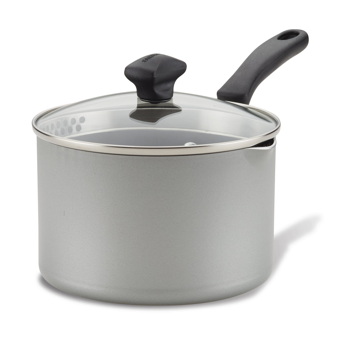 Nonstick Saucepan with Straining Lid in gray, enhanced with DiamondMax nonstick technology, featuring a glass straining lid and a black handle.
