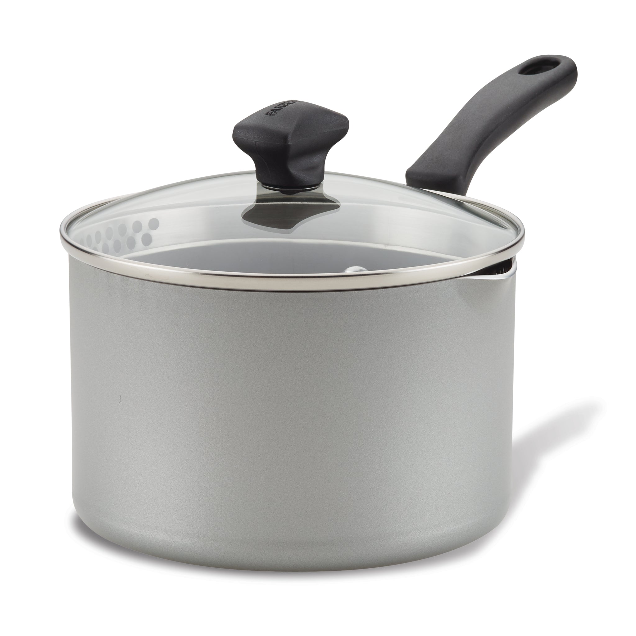 Nonstick Saucepan with Straining Lid in gray, enhanced with DiamondMax nonstick technology, featuring a glass straining lid and a black handle.