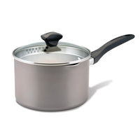 A Nonstick Saucepan with Straining Lid, boasting durable construction and a silver finish, comes complete with a black handle.