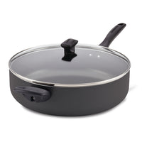 The 6-Quart Nonstick Jumbo Cooker, featuring a sleek black design, comes with two handles and a glass lid, making it ideal for preparing party-sized portions. It is dishwasher safe for effortless cleaning after any big feast.