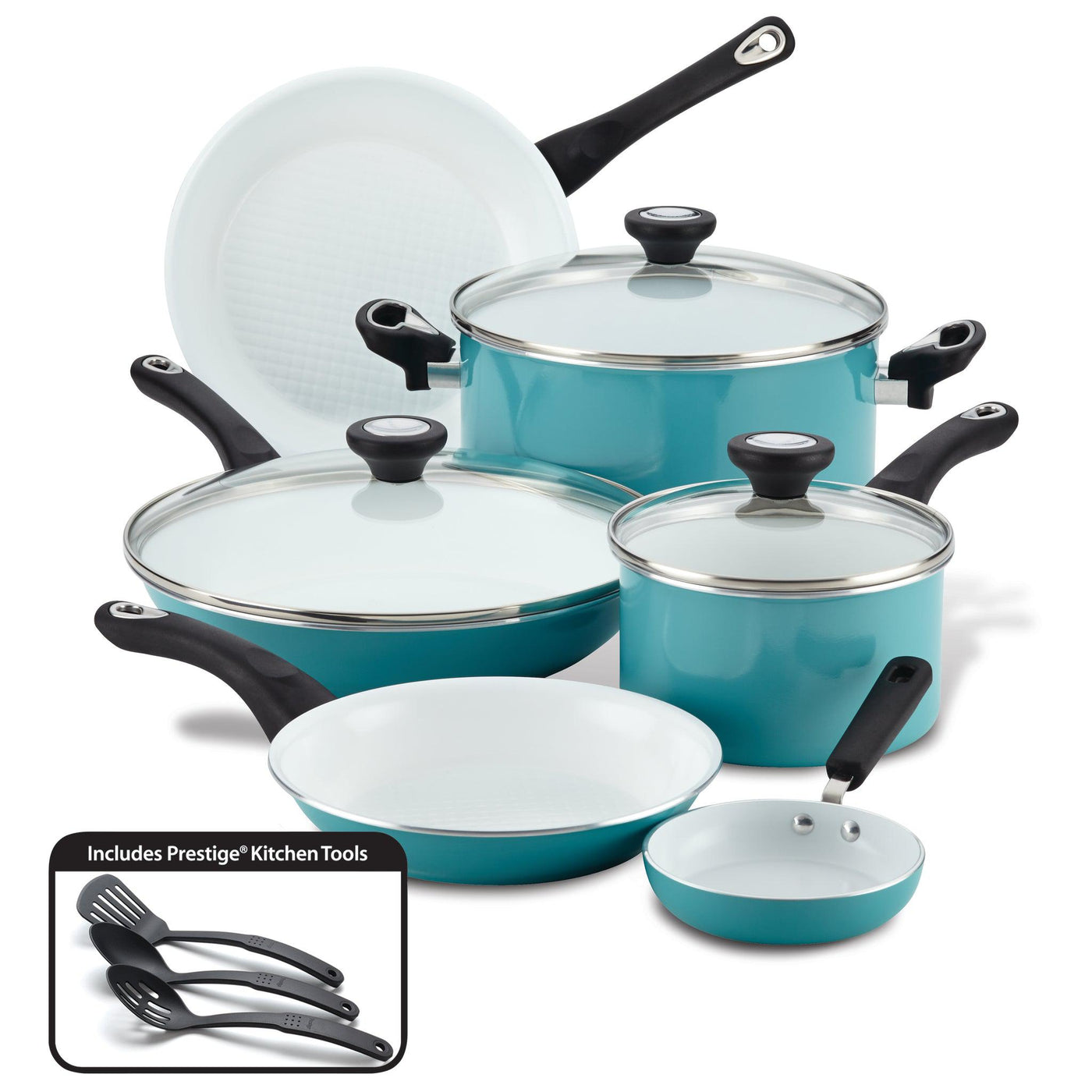 Explore the turquoise 12-Piece Nonstick Cookware Set, which includes high-performance cookware with glass lids and essential kitchen tools, all designed for durability and effortless cooking.