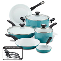 Explore the turquoise 12-Piece Nonstick Cookware Set, which includes high-performance cookware with glass lids and essential kitchen tools, all designed for durability and effortless cooking.