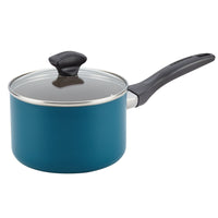 The 15-Piece Nonstick Cookware Set includes a teal saucepan crafted from durable aluminum, featuring a sleek black handle and accompanied by a matching lid, all displayed against a crisp white background.