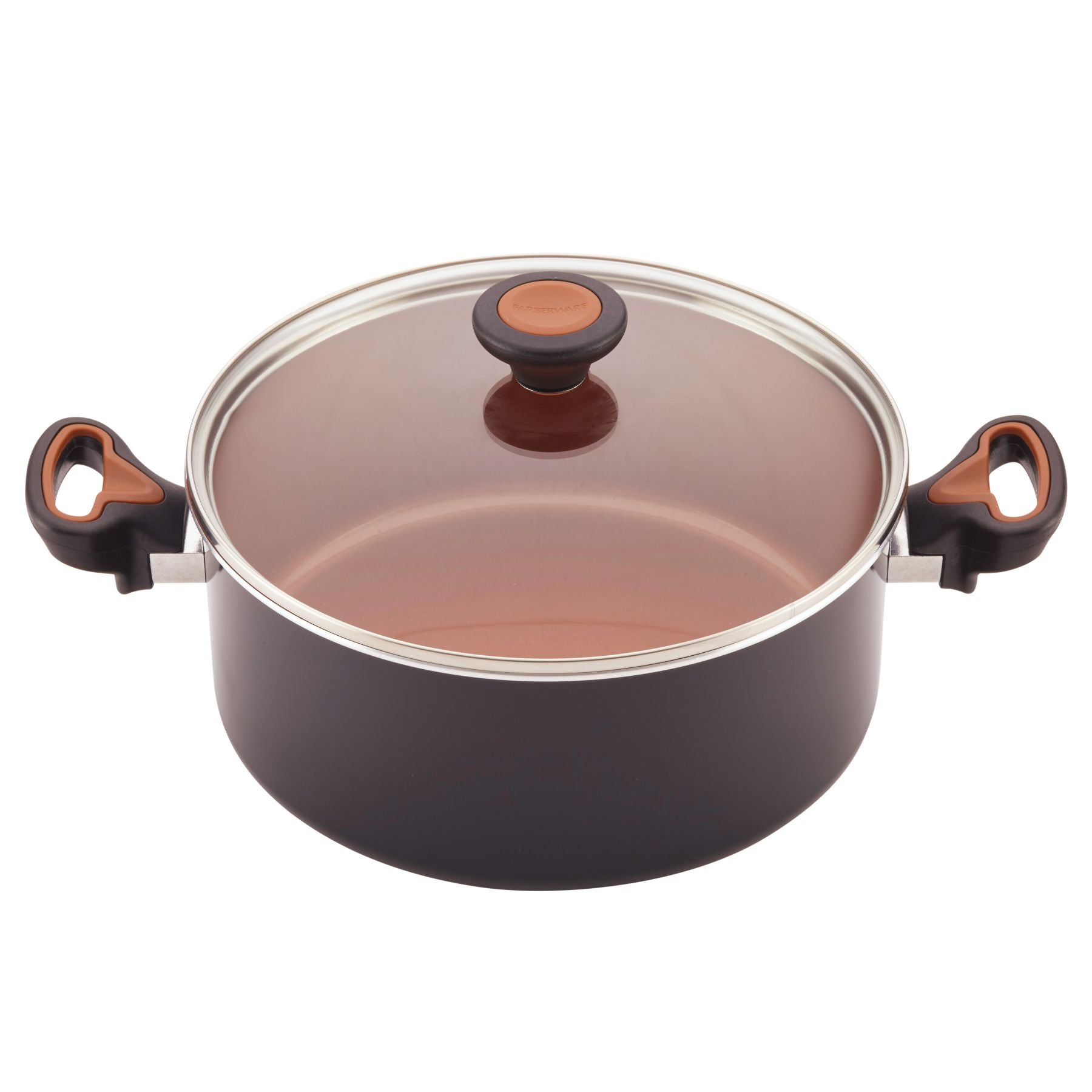 A sleek black pot from the 12-Piece Copper Ceramic Nonstick Cookware Set features CopperSlide technology, comes with a glass lid, and is enhanced by vibrant orange handle accents for an effortless cooking experience. It is also dishwasher safe for added convenience.