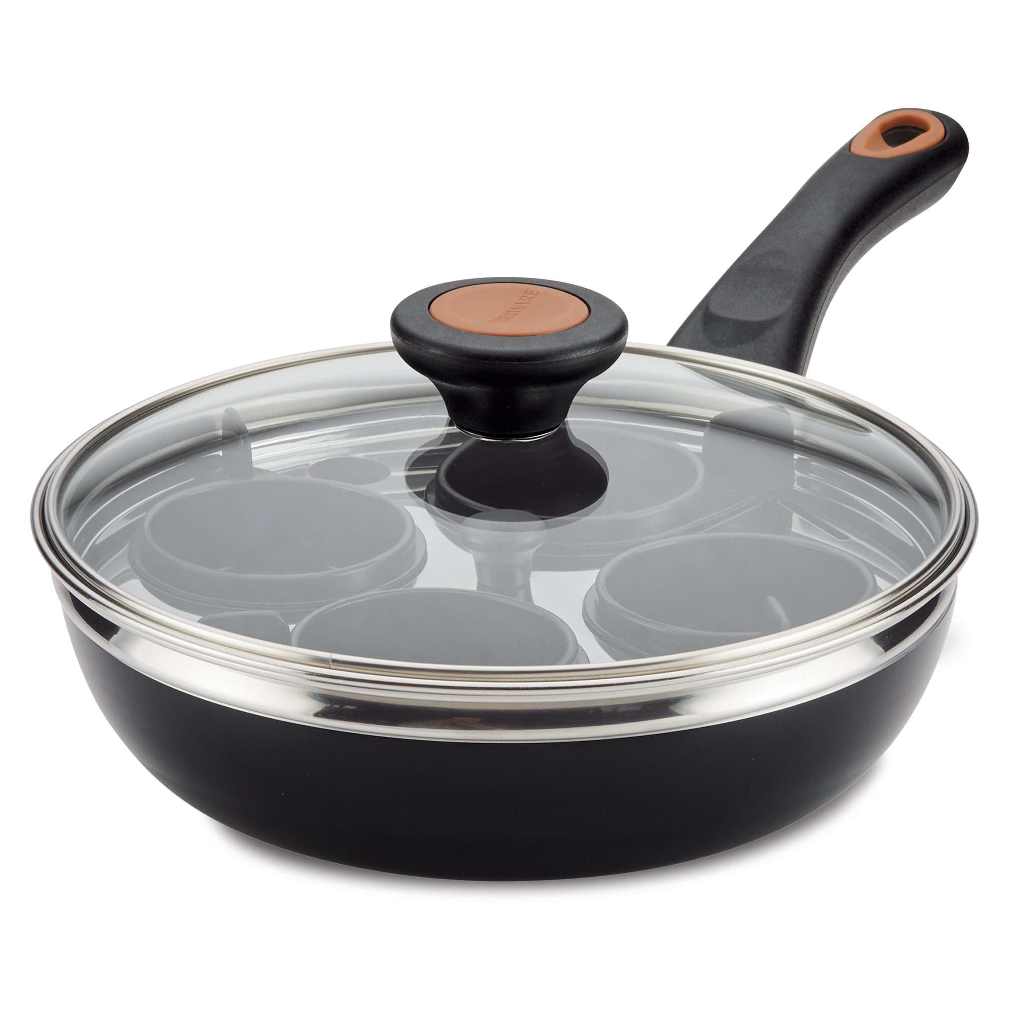The 8-Inch Copper Ceramic Nonstick Egg Poacher, featuring a transparent lid and a black handle, makes whipping up eggs Benedict effortless, making it a brunch superstar.