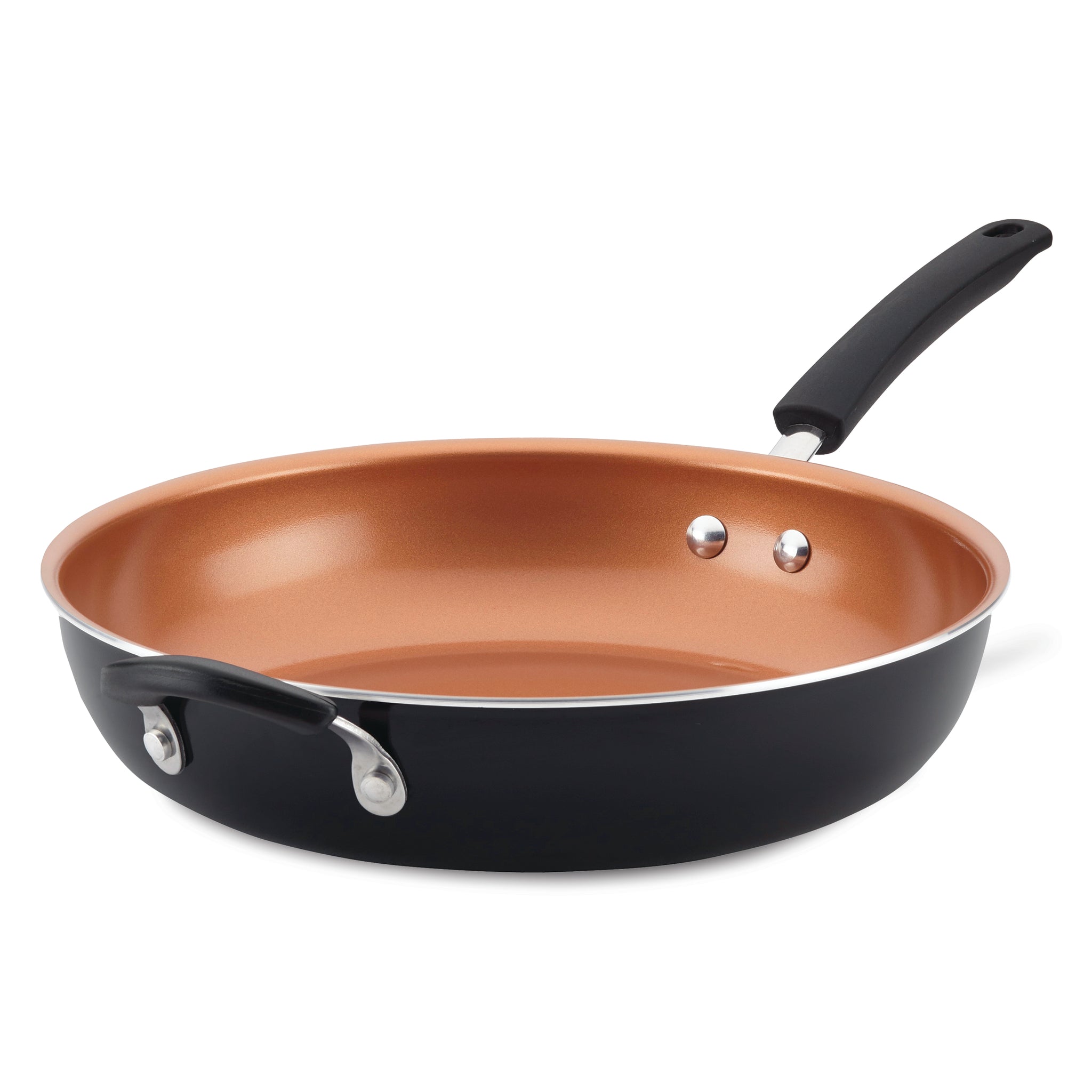 The 12.5-Inch Nonstick Frying Pan boasts a sleek black outer coating and handle, with durable aluminum construction ideal for effortlessly crafting one-pan recipes.